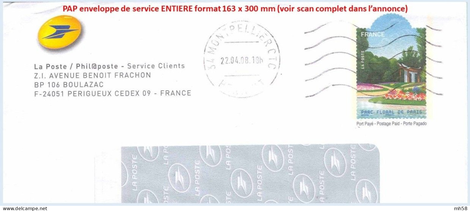 Entier FRANCE - PAP Enveloppe Service Phil@poste Obl. 2008 - Timbres Du Printemps - TVP Parc Floral De Paris - Prêts-à-poster:Stamped On Demand & Semi-official Overprinting (1995-...)