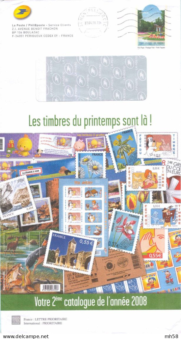 Entier FRANCE - PAP Enveloppe Service Phil@poste Obl. 2008 - Timbres Du Printemps - TVP Parc Floral De Paris - Prêts-à-poster:Stamped On Demand & Semi-official Overprinting (1995-...)