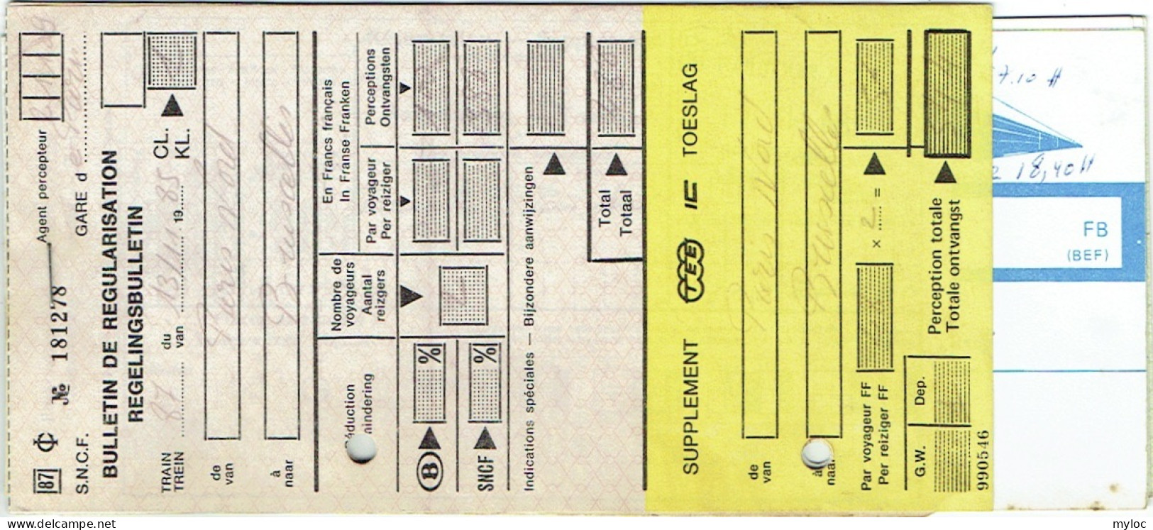 2x Billet De Train. TEE, Bruxelles - Paris + Billet De Régularisation Et Supplément Réservation. 11/11/1985. - Europe