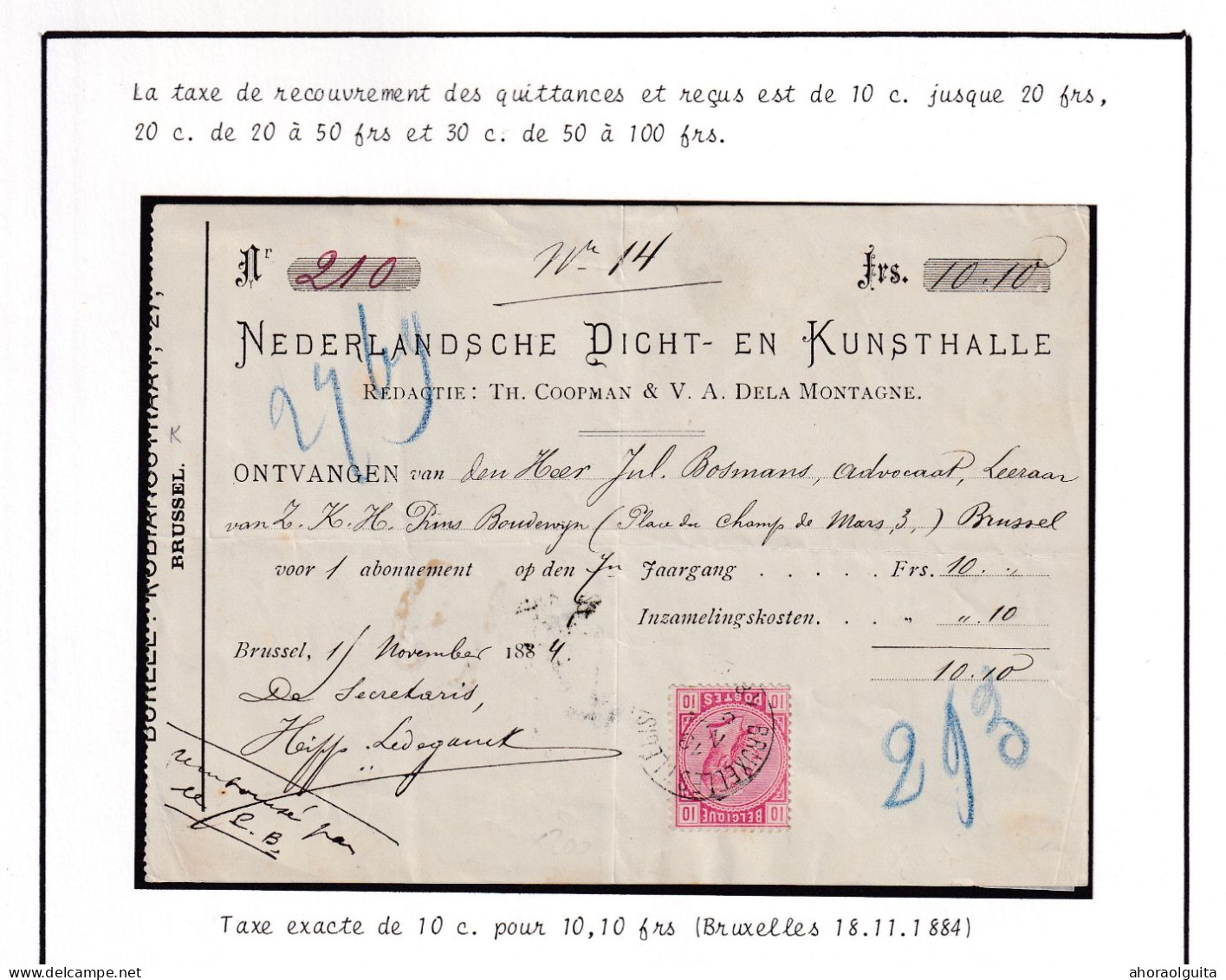 DDFF 836 - Emission Maudite - TP 38 Sur Reçu BRUXELLES 1884 - Nederlandsche Dicht - En Kunsthalle - 1883 Leopold II