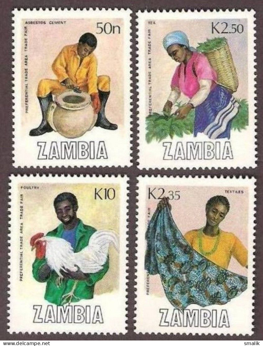 ZAMBIA 1988 - Trade Fair, Poultry, Textile, Tea, Cement, Complete Set Of 4v MNH - Zambie (1965-...)