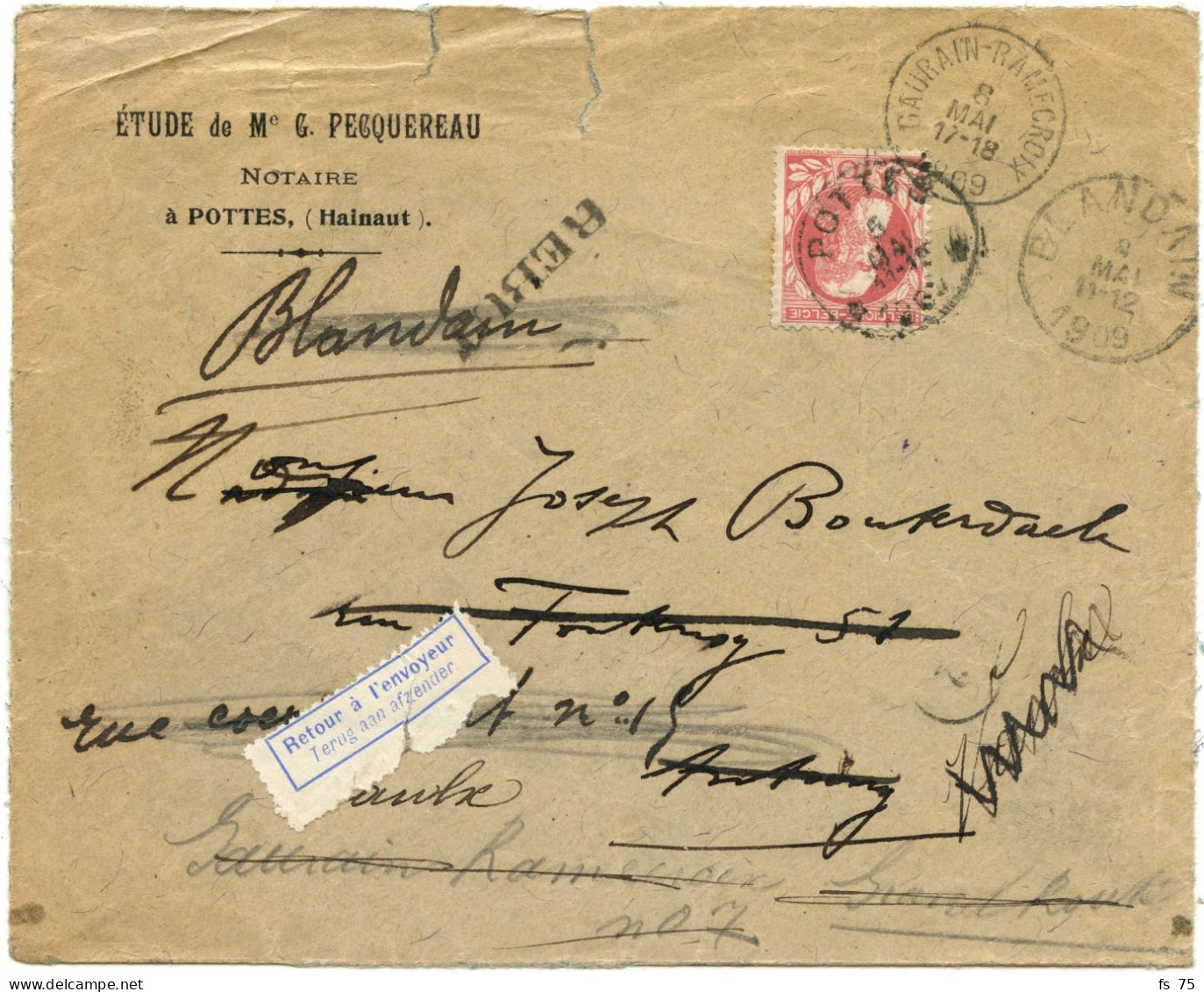 BELGIQUE - COB 74 SIMPLE CERCLE RELAIS A ETOILES POTTES SUR LETTRE, 1909 - Postmarks With Stars