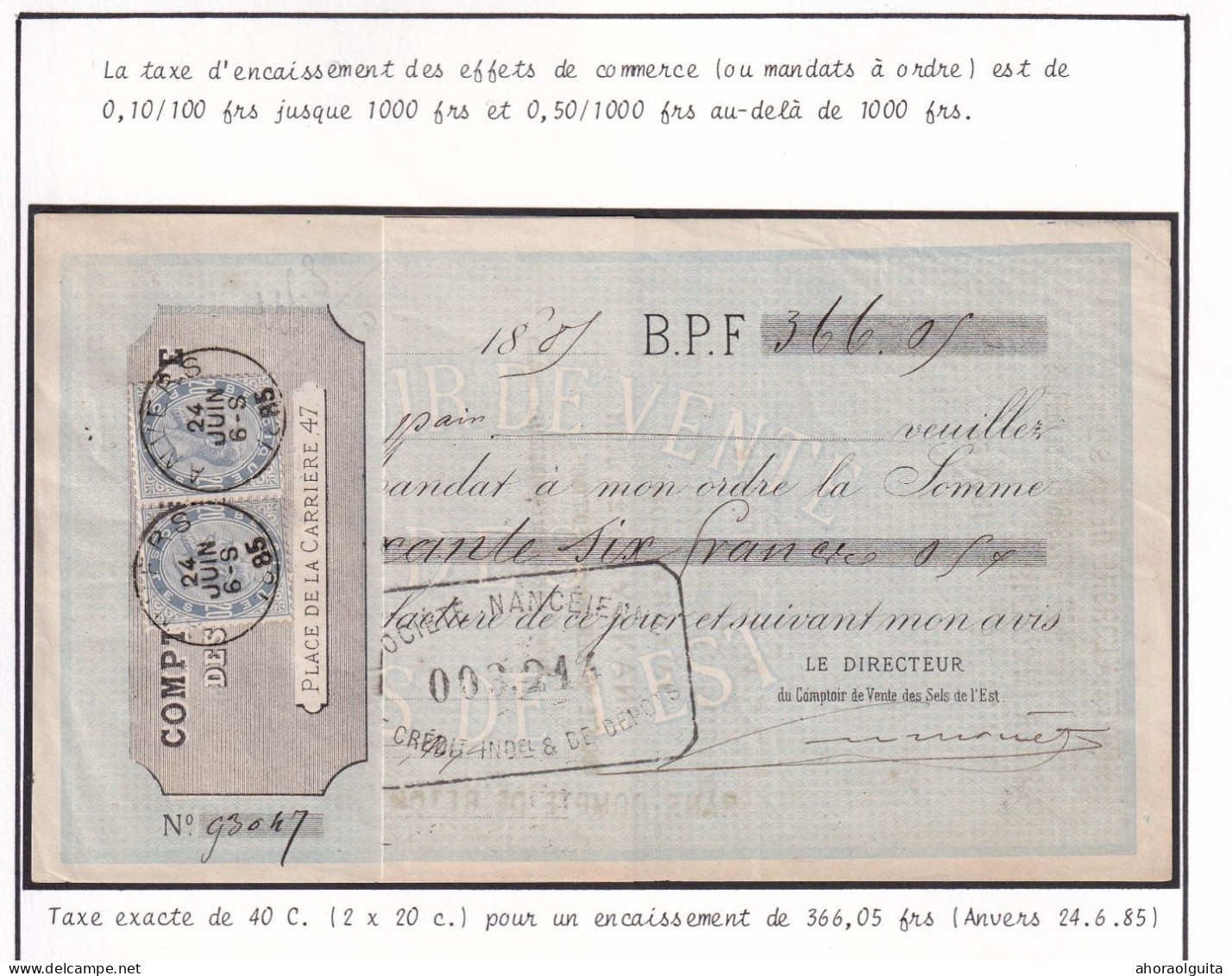 DDFF 837 - Emission Maudite - TP 39 En Paire Sur Mandat ANVERS 1885 - Comptoir De Vente Des Sels De L' Est De NANCY - 1883 Léopold II