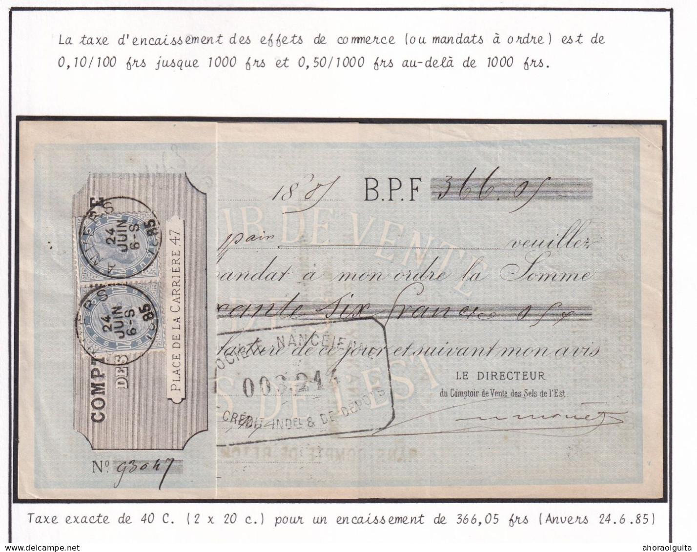 DDFF 837 - Emission Maudite - TP 39 En Paire Sur Mandat ANVERS 1885 - Comptoir De Vente Des Sels De L' Est De NANCY - 1883 Leopoldo II