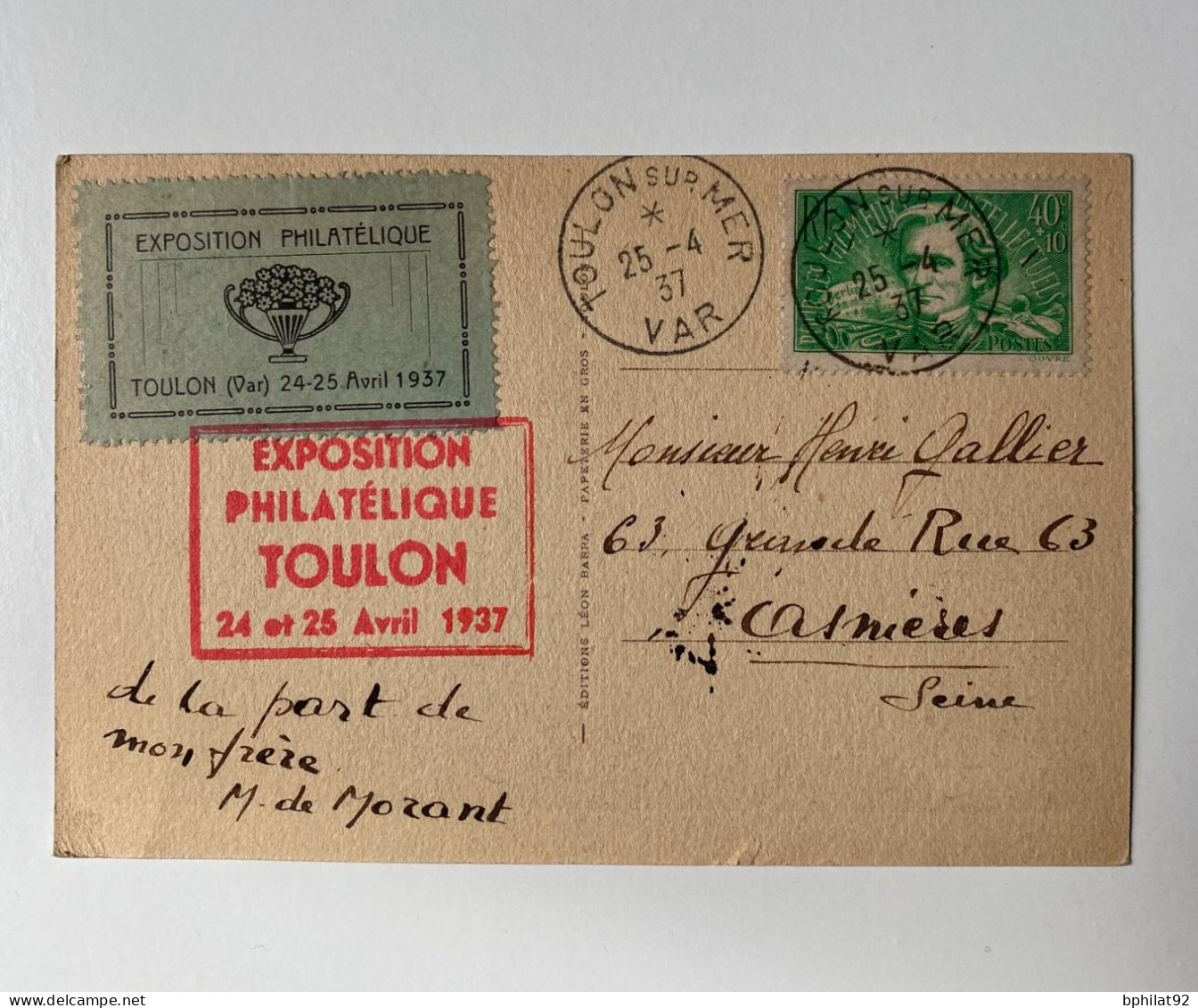 !!! FRANCE, CARTE COMMÉMO EXPOSITION PHILATÉLIQUE TOULON 1937 - Expositions Philatéliques