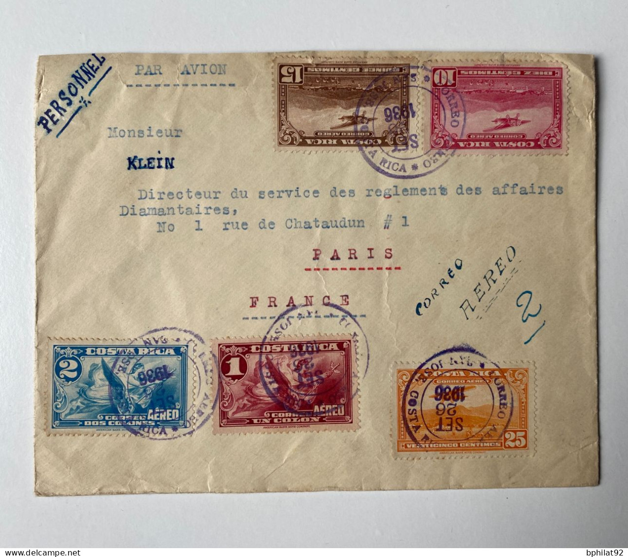 !!! COSTA RICA, PLI AÉRIEN DE SAN JOSÉ VERS LA PARIS, 1936 - Costa Rica