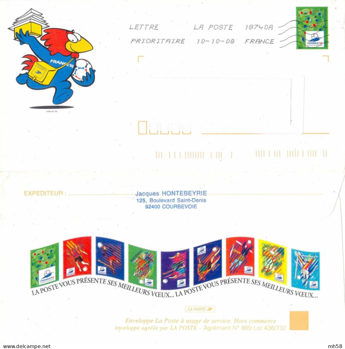 Entier FRANCE - PAP Enveloppe Service HORS COMMERCE Obl. En 2008 - Voeux Postiers 1998 - TVP France 98 Terrain Foot - Prêts-à-poster:Stamped On Demand & Semi-official Overprinting (1995-...)