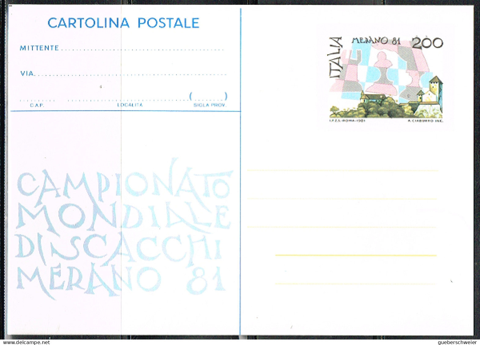 ECH L 23 - ITALIE Entier Postal Championnat De Monde D'échecs Mérano 1981 - Stamped Stationery