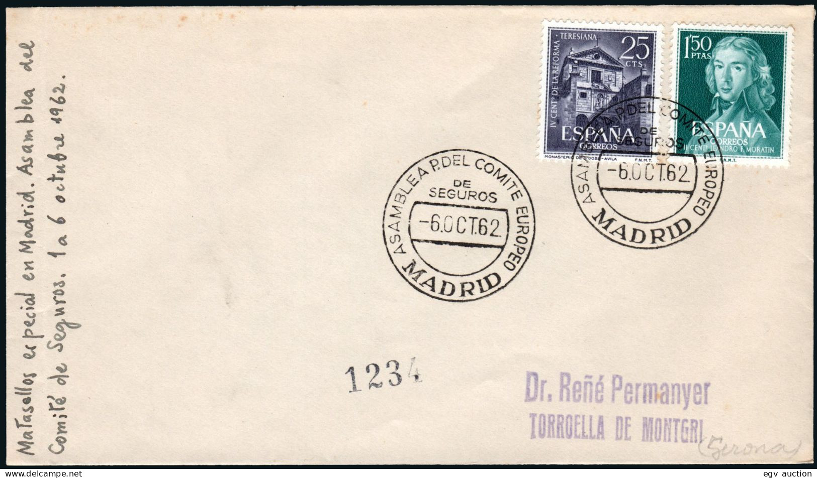 Madrid - Edi O 1329 - Mat Gomis 699 "Madrid - Prudencia - 6/Oct./62 - Asamblea De P. De Comité Europeo" - Covers & Documents