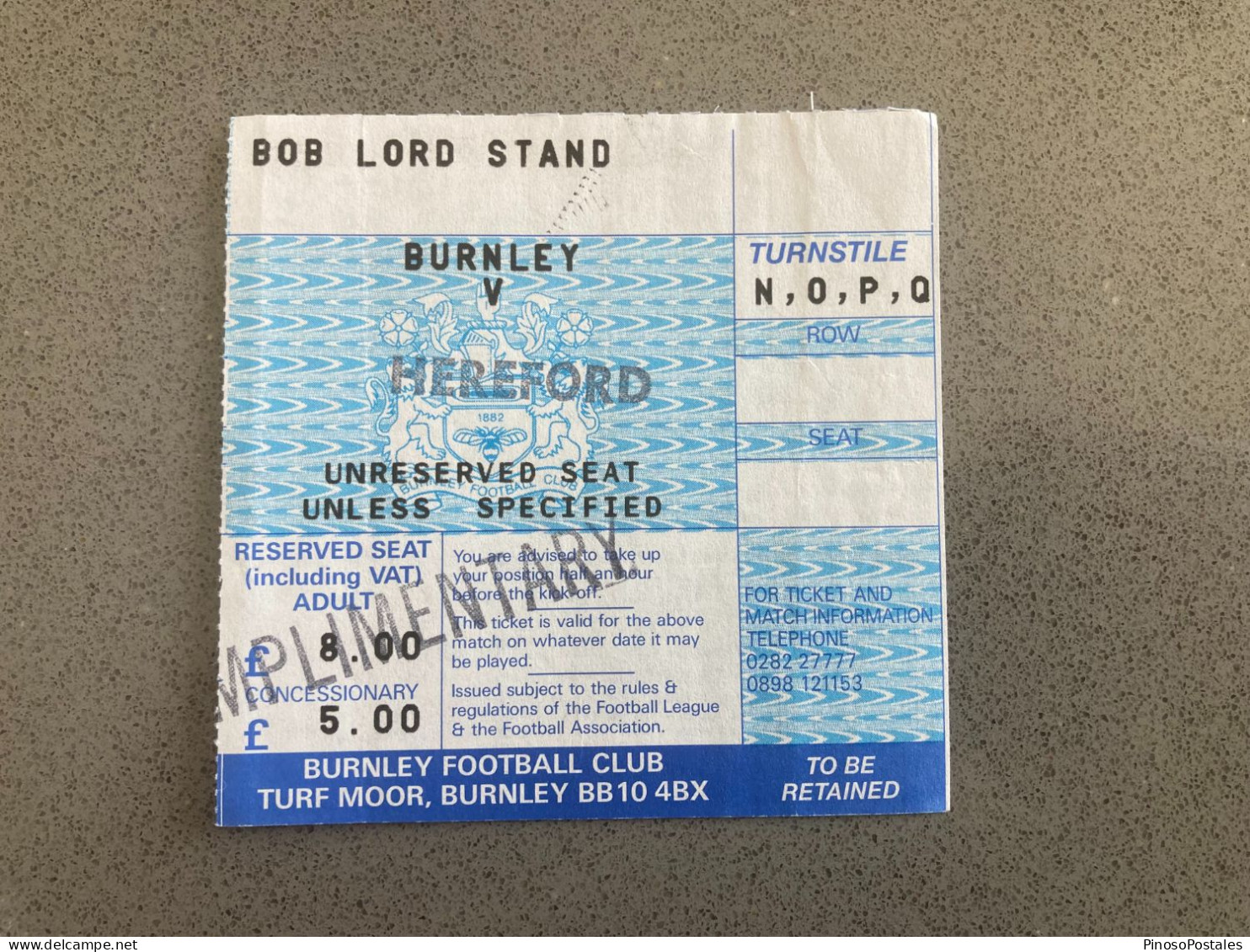 Burnley V Hereford United 1991-92 Match Ticket - Tickets D'entrée