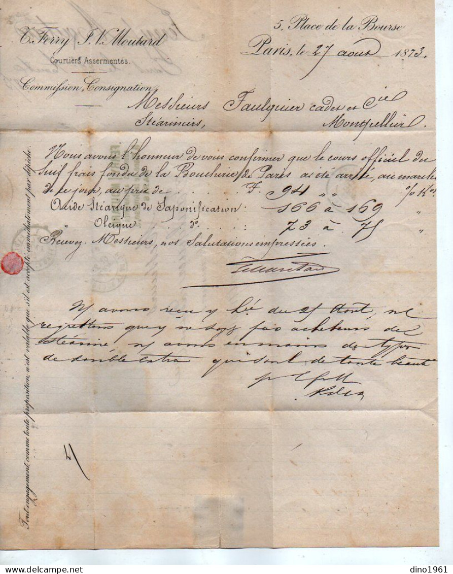 VP23.089 - 1873 - Lettre -  Commissions, Consignation FERRY - MOUTARD, Courtiers Assermentés à PARIS Pour MONTPELLIER - Petits Métiers