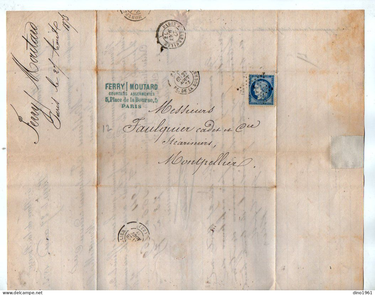 VP23.089 - 1873 - Lettre -  Commissions, Consignation FERRY - MOUTARD, Courtiers Assermentés à PARIS Pour MONTPELLIER - Old Professions