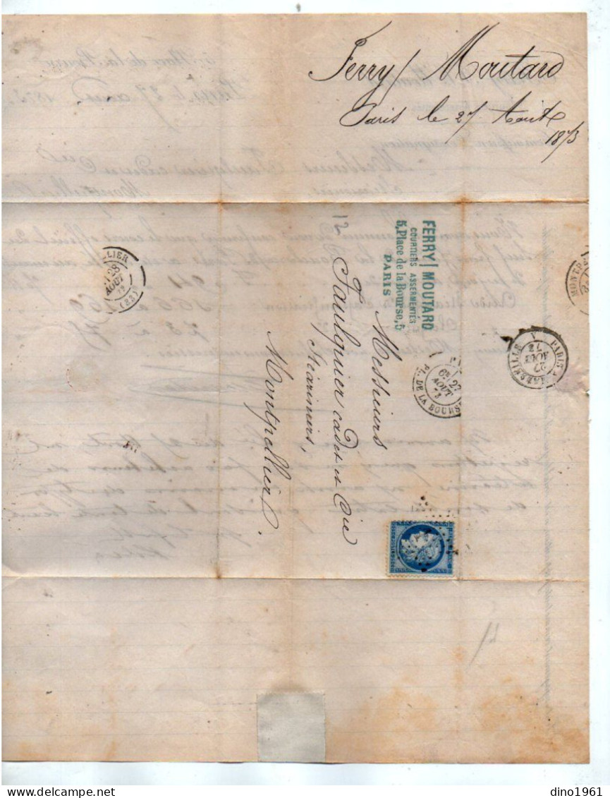 VP23.089 - 1873 - Lettre -  Commissions, Consignation FERRY - MOUTARD, Courtiers Assermentés à PARIS Pour MONTPELLIER - Old Professions