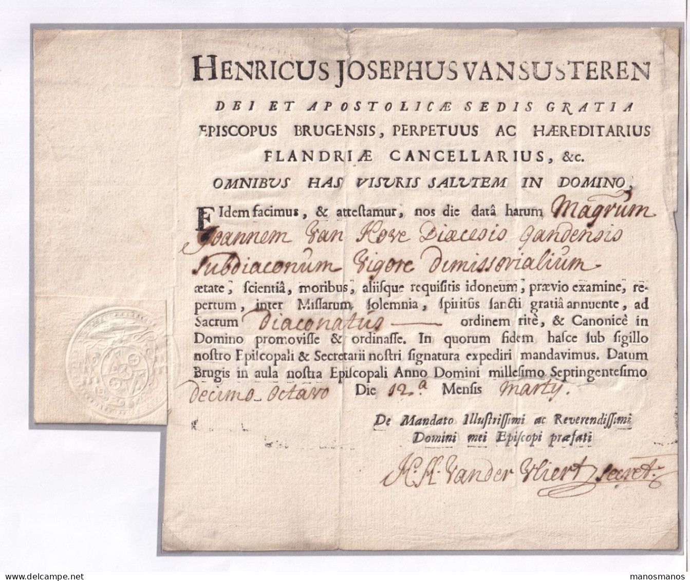 DDFF 954 -- Document 1718 De L' Eveque De BRUGES,Henricus Van Susteren - Sceau En Relief De L'Eveché - Joannes Van Hove - 1714-1794 (Pays-Bas Autrichiens)