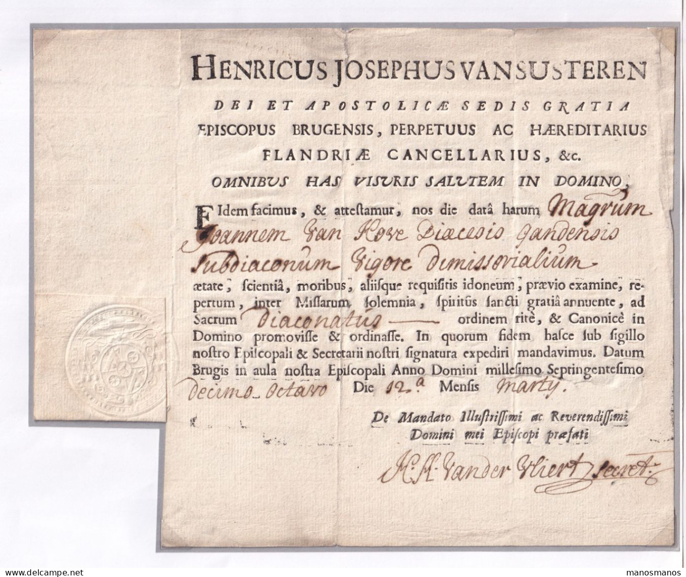 DDFF 954 -- Document 1718 De L' Eveque De BRUGES,Henricus Van Susteren - Sceau En Relief De L'Eveché - Joannes Van Hove - 1714-1794 (Austrian Netherlands)