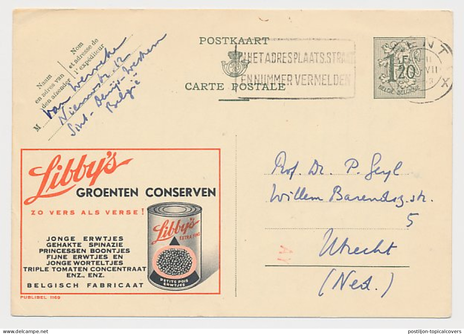 Publibel - Postal Stationery Belgium 1953 Canned Vegetables - Peas - Spinach - Beans - Carrots - Tomatoes  - Gemüse