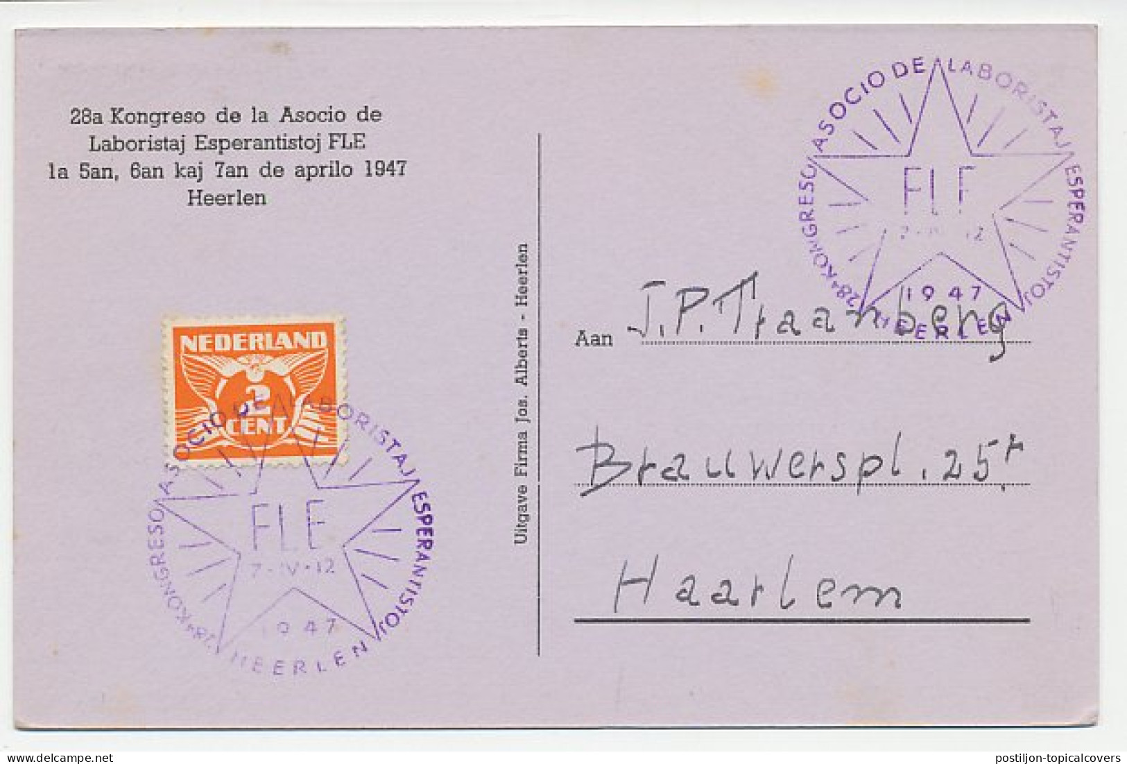 Postcard / Postmark Netherlands 1948 F.L.E. Esperanto Congress Heerlen - Esperanto