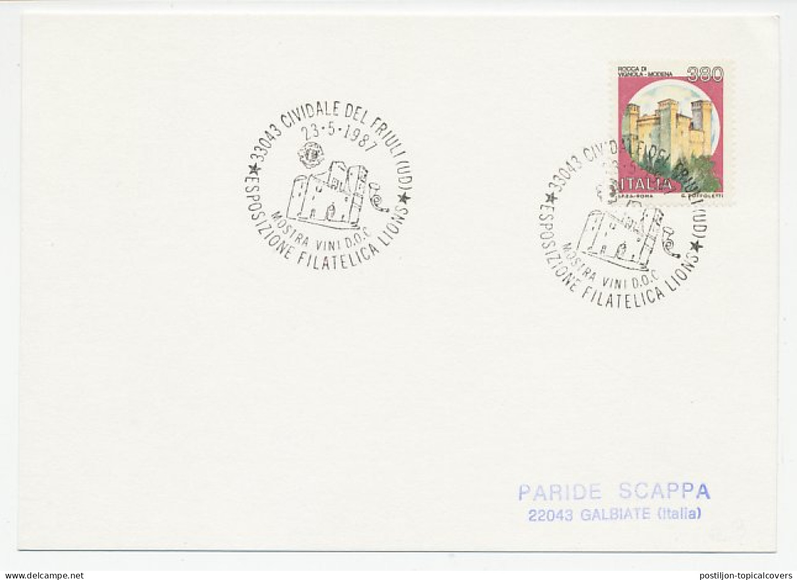 Card / Postmark Italy 1987 Wine Show - Lions International - Vinos Y Alcoholes