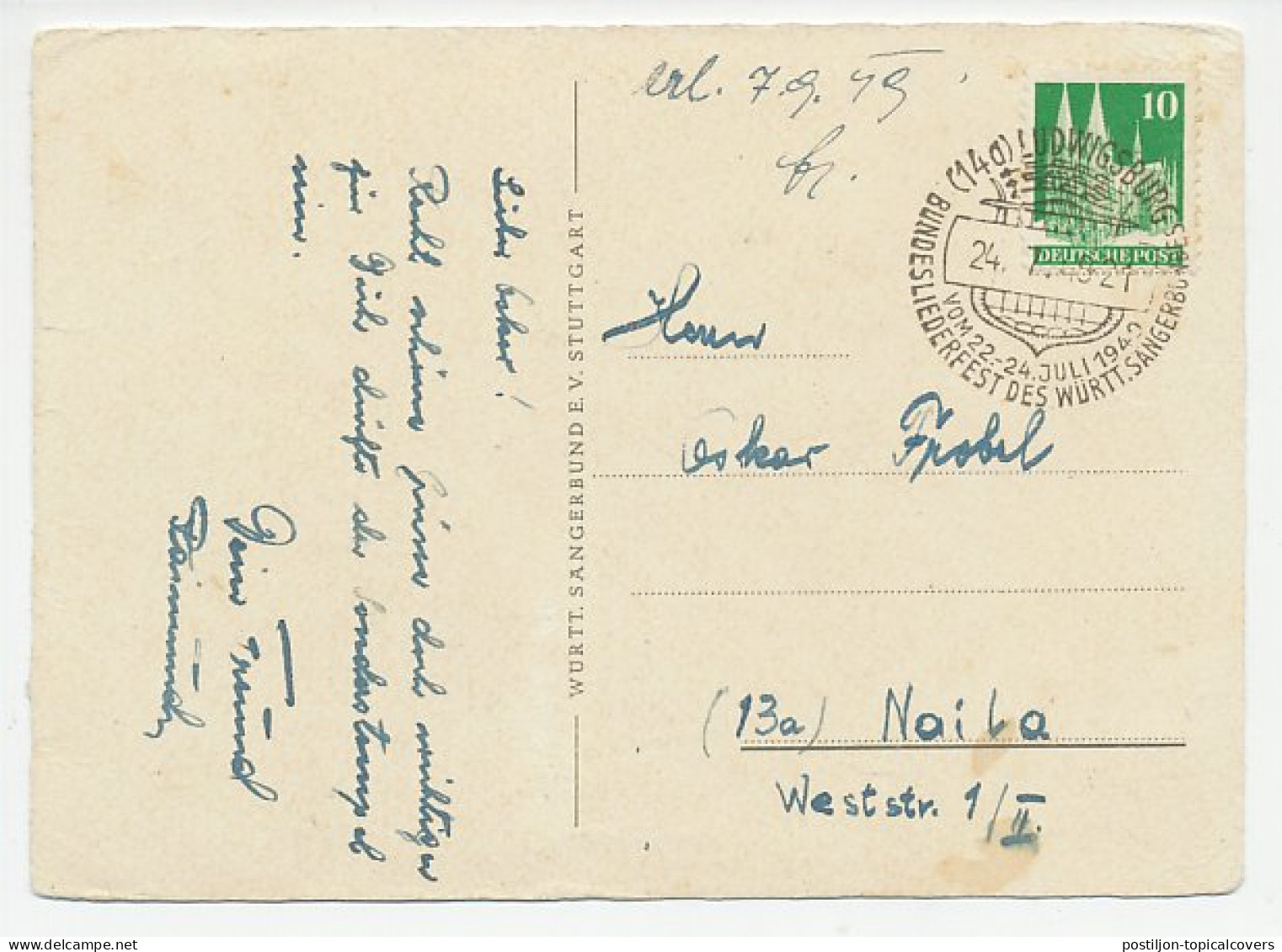 Postcard / Postmark Germany 1948 Goethe - Song Festival - Música