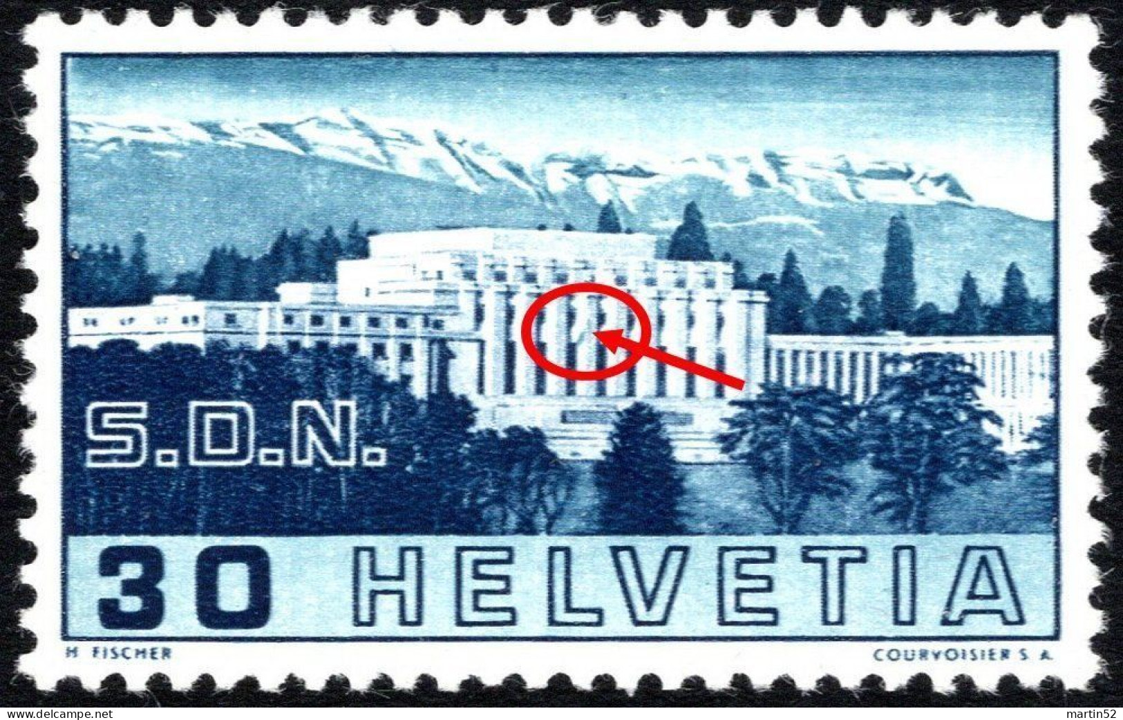 Schweiz Suisse 1938: Palais SdN GEBROCHENE SÄULE COLONNE CASSÉE Zu 212.2.02 Mi 322 ABART Yv 308 (Zu CHF 350.00) - Variétés