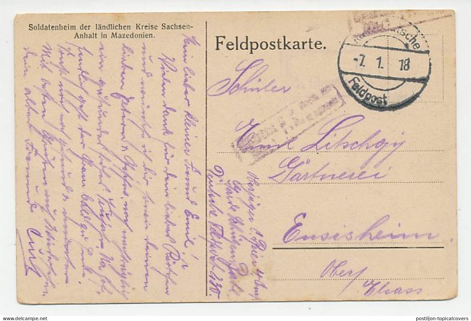 Fieldpost Postcard Germany / Macedonia 1918 Soldier S Home - Macedonia - WWI - 1. Weltkrieg