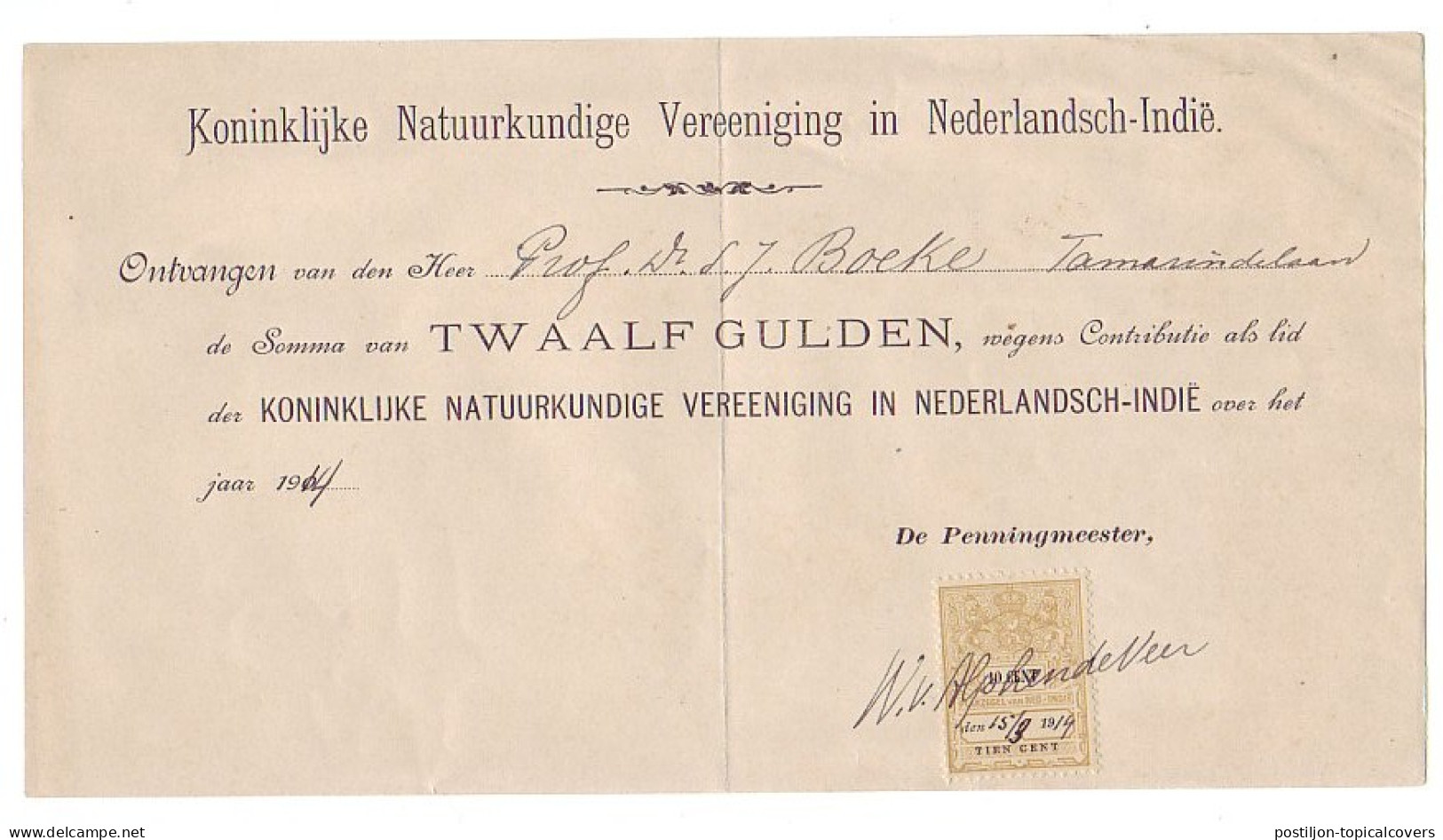 Receipt Netherlands Indies 1914 Royal Physicist Association - Sonstige & Ohne Zuordnung
