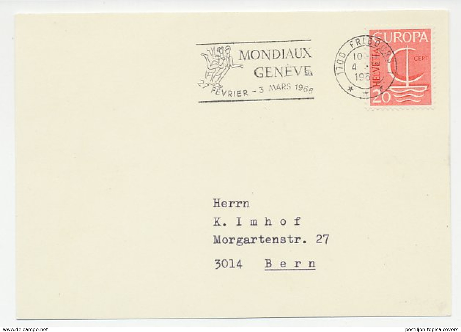 Card / Postmark Switzerland 1968 Figure Skating - World Championships - Hiver