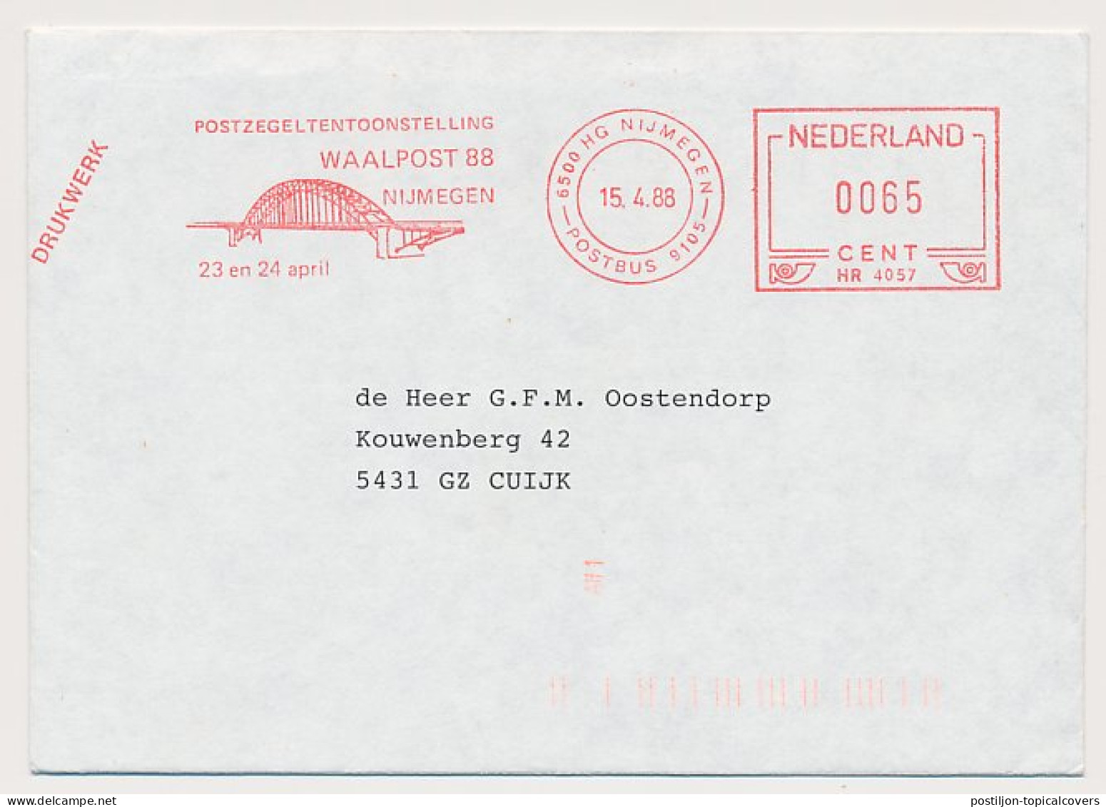 Meter Cover Netherlands 1988 Bridge Nijmegen - Stamp Exhibition - Ponti