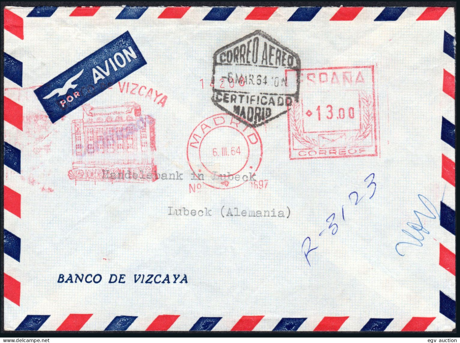 Madrid - Sobre Con Franqueo Mecánico "Banco Vizcaya 6/III/64 - 13 Pta." + Mat "Correo Aéreo 06/03/64 - Certificado..." - Storia Postale