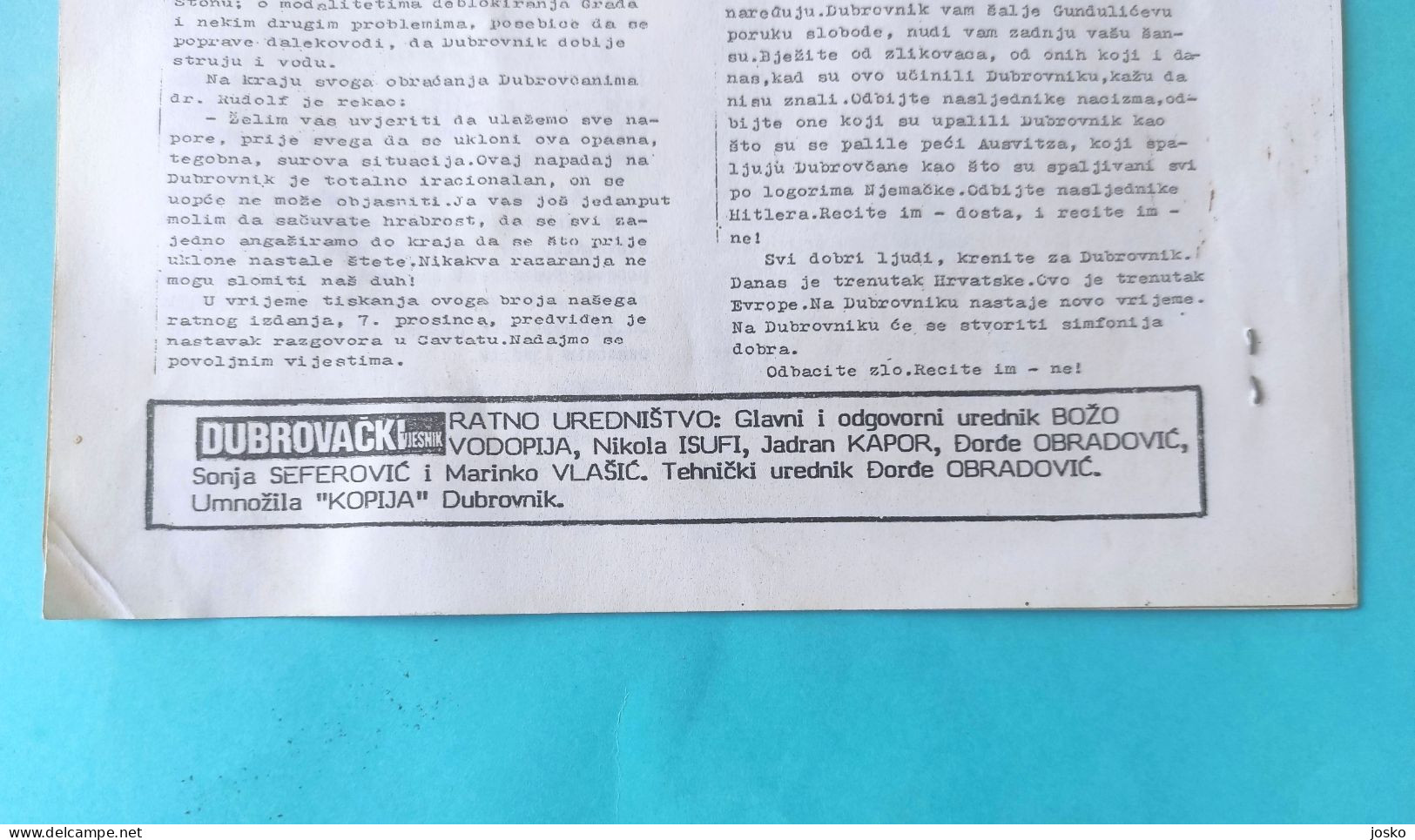 DUBROVAČKI VJESNIK - RATNO IZDANJE (07.12.1991.) * Dubrovnik Domovinski Rat * Croatia Dubrovnik Herald - Wartime Edition - Slav Languages