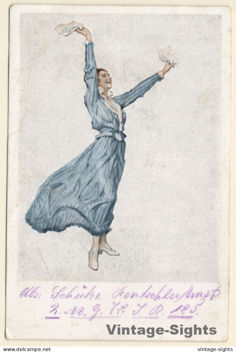 Bruno Wennerberg: Waving Woman In Blue Dress / Art Nouveau (Vintage PC 1910s) - Wennerberg, B.