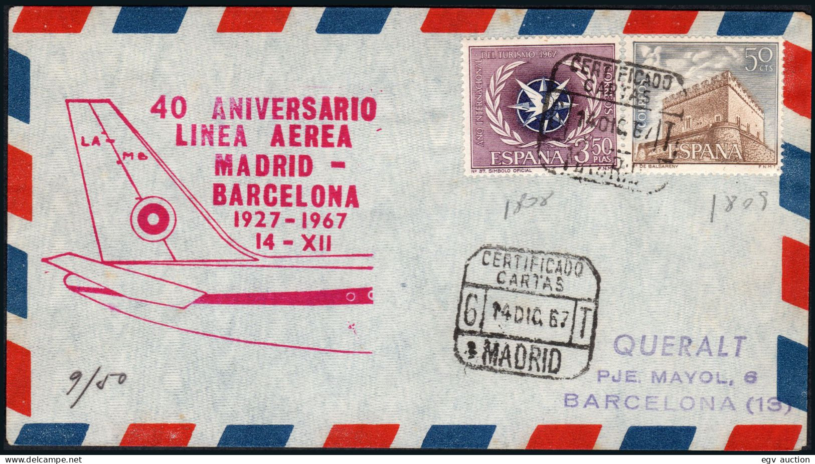 Madrid - Edi O 1808+1809 - Mat "Certificada - Cartas - 6 -T" ++ Marca "40 Aniversario Línea Aérea Madrid - Barcelona..." - Briefe U. Dokumente