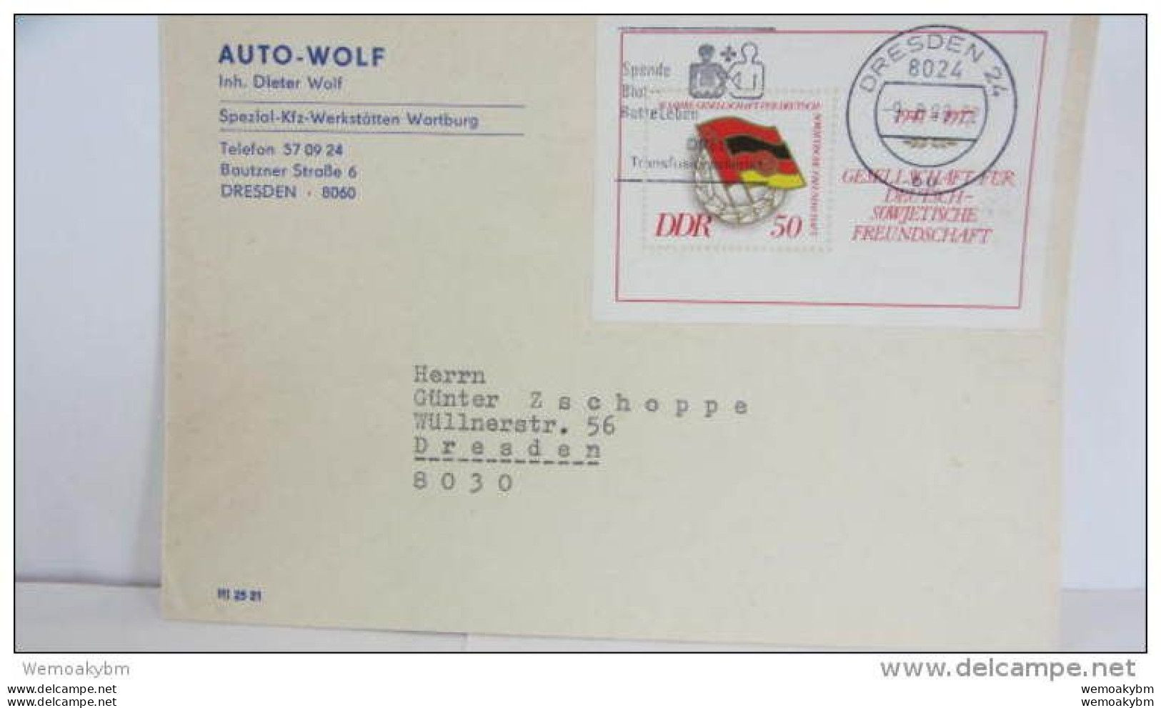 DDR-WU: Brief Mit 50 Pf Block Deutsch-Sowjetische Freundschaft MWSt. Vom 9.8.90 Knr: Block 47 - 1981-1990