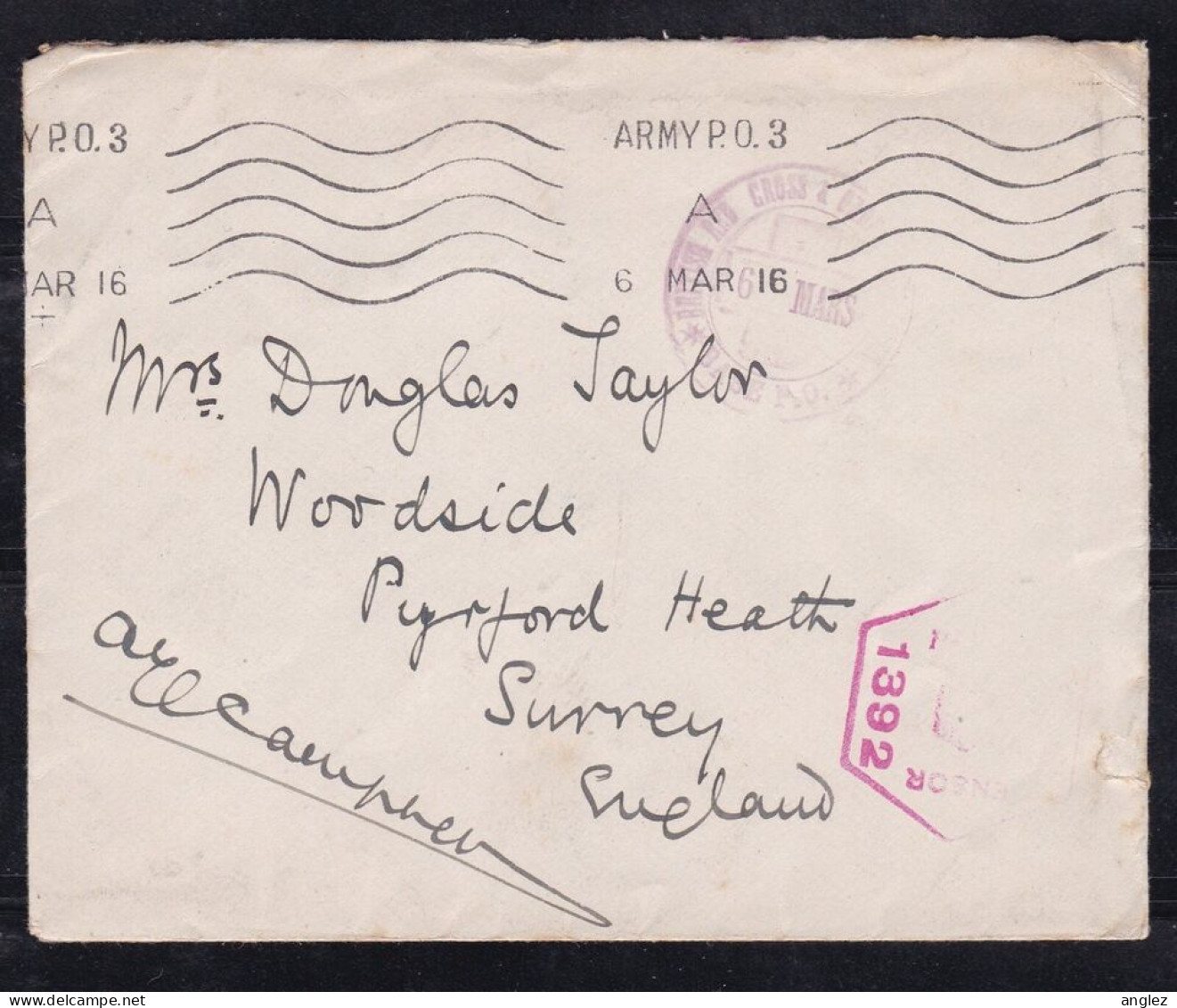 Great Britain - 1916 Red Cross Envelope Used Army P.O. 3 To Surrey Censored - Covers & Documents