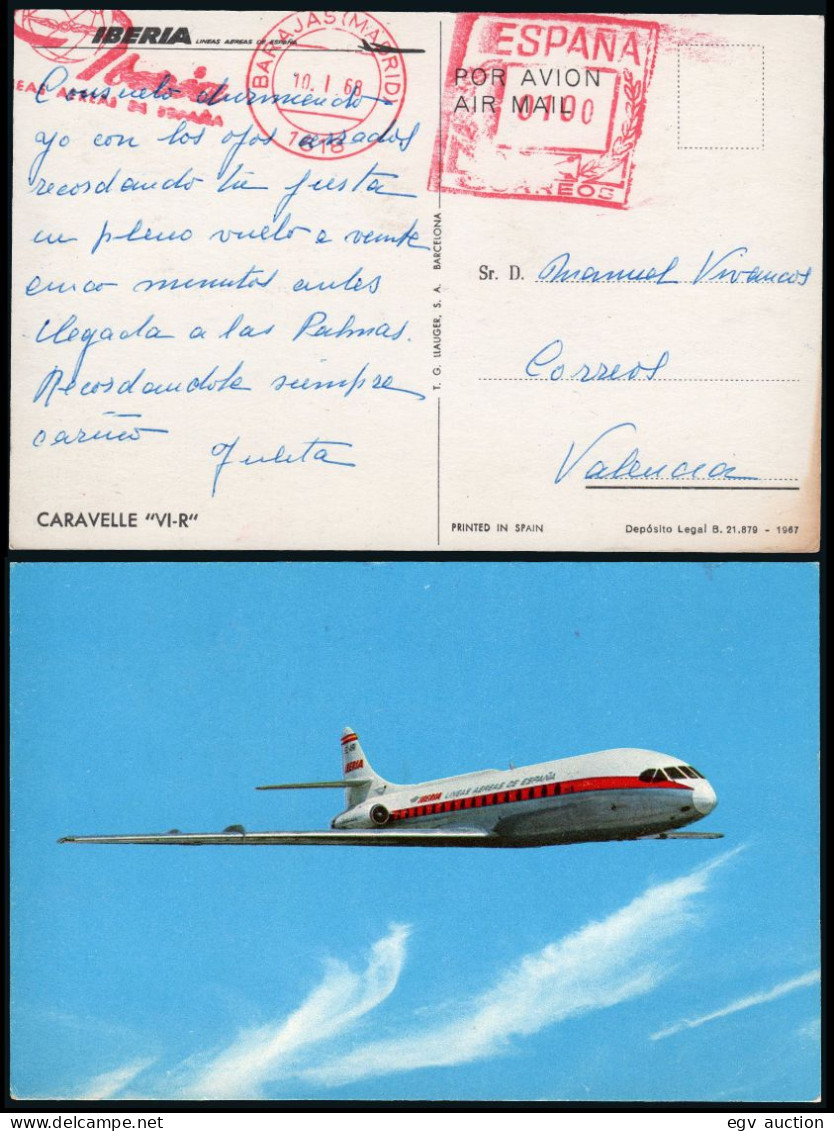 Madrid - O TP - Postal Rodillo Mecánico "IBERIA - Líneas Aéreas De España 10/01/68" A Valencia - Brieven En Documenten