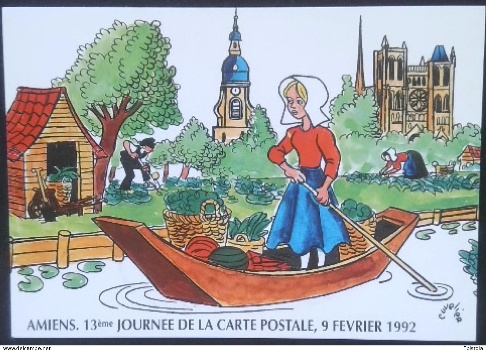 ► 13eme Journée De La Carte Postale 1992 -  Hortillonnage Maraichère Dessin De Cuvelier ( Tirage 1000 Exemplaires) - Cultures