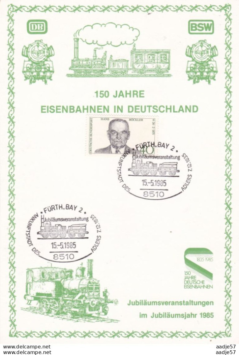 Germany Deutschland 150 Jahre Eisenbahnen Fürth. Bay Spec Card 15-05-1985 - Trenes