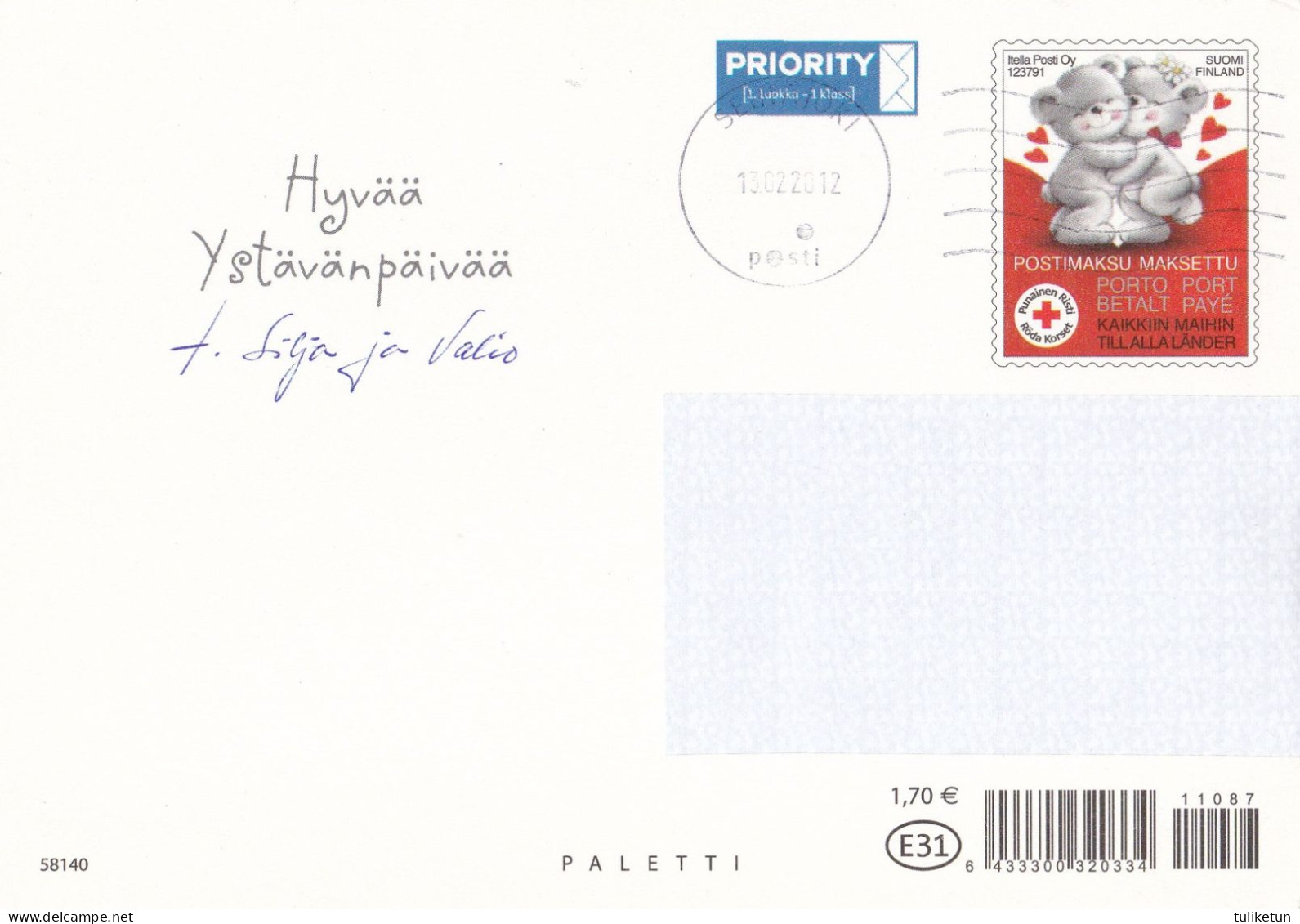 Postal Stationery - Teddy Bears Hugging Together - Red Cross 2012 - Suomi Finland - Postage Paid - Enteros Postales