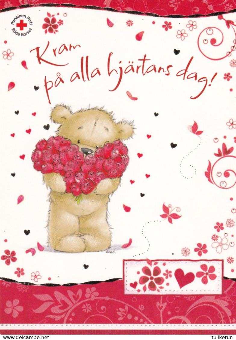 Postal Stationery - Teddy Bear Hugging - Holding Heart - Red Cross - Suomi Finland - Postage Paid - Postal Stationery