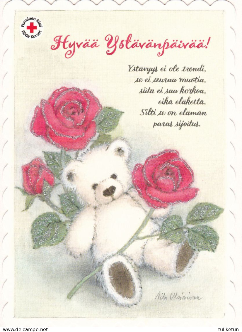 Postal Stationery - Valentine's Day - Teddy Bear Sitting With Roses - Red Cross - Suomi Finland - Postage Paid - Enteros Postales