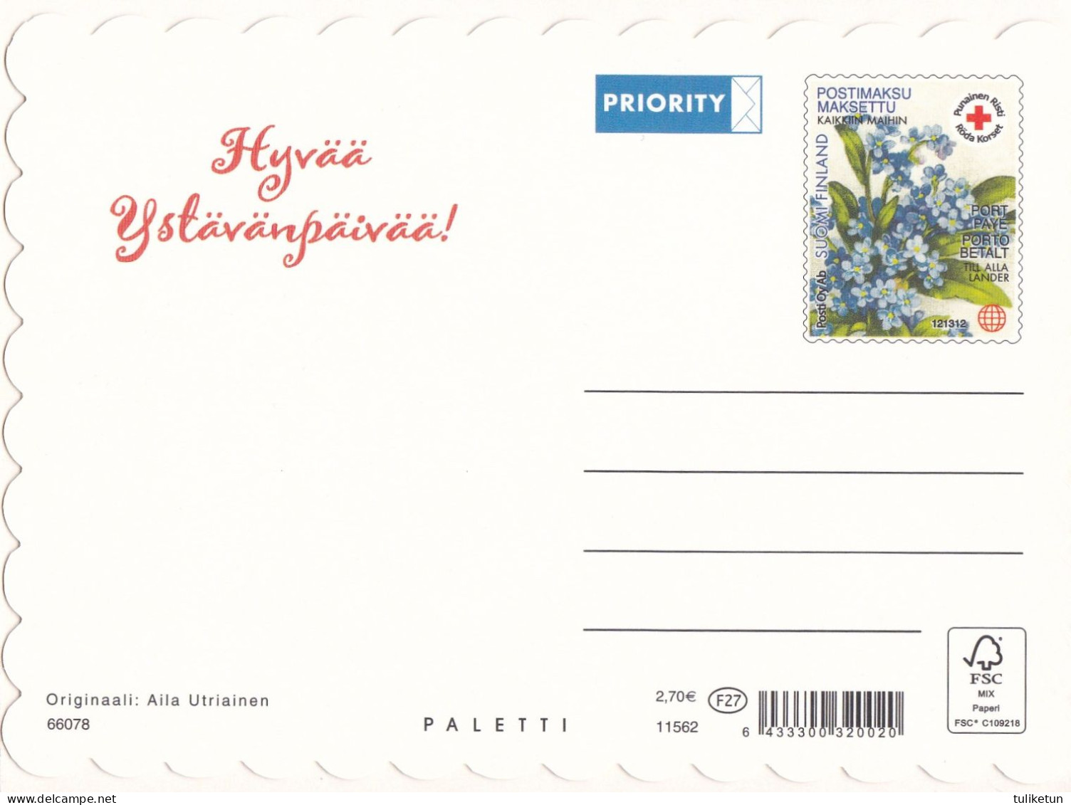 Postal Stationery - Valentine's Day - Teddy Bear Sitting With Roses - Red Cross - Suomi Finland - Postage Paid - Postwaardestukken