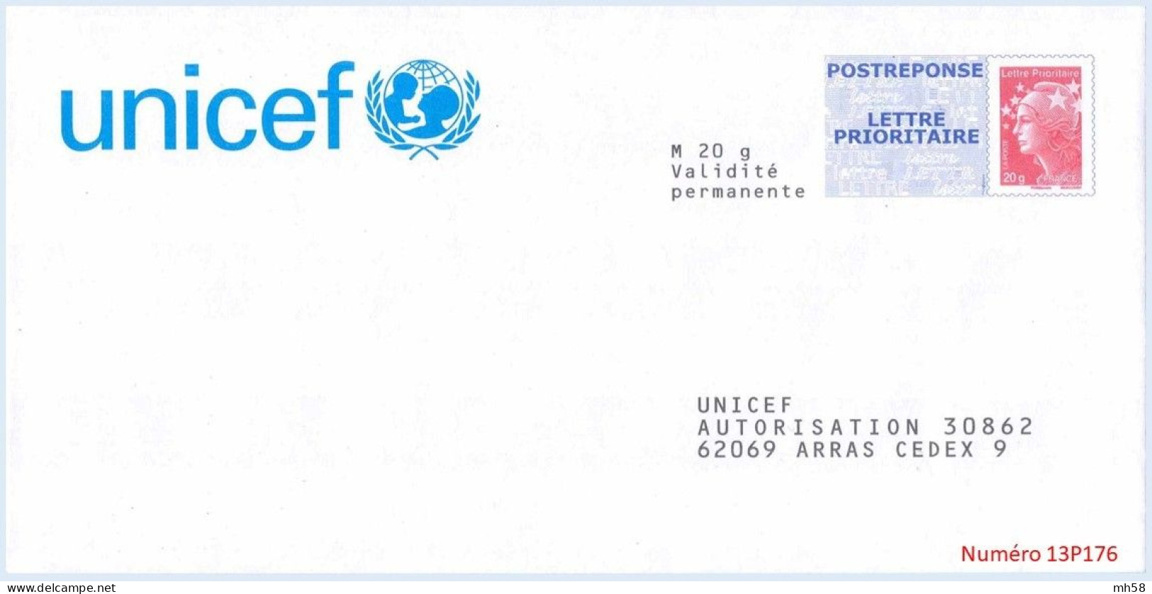 Entier FRANCE - PAP Enveloppe Postréponse Unicef 13P176 Neuf ** - TVP Beaujard Rouge - PAP: Ristampa/Beaujard