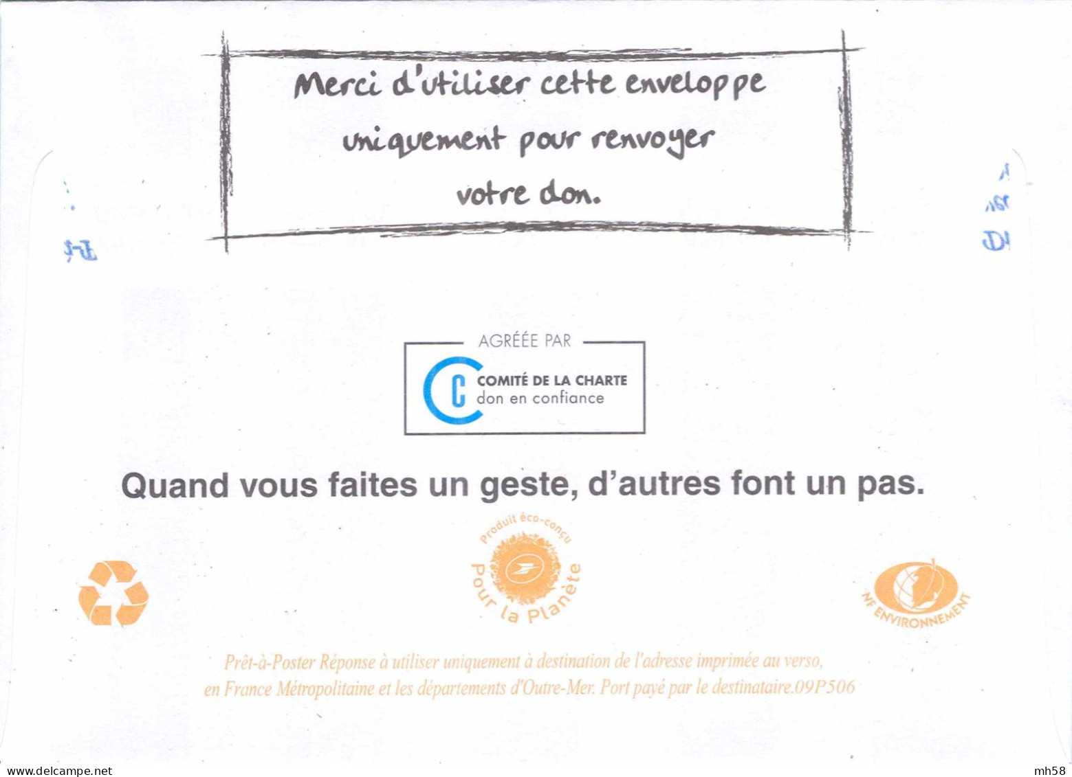 Entier FRANCE - PAP Enveloppe Postréponse Handicap International 09P506 Neuf ** - TVP Beaujard Rouge - Prêts-à-poster: Réponse /Beaujard