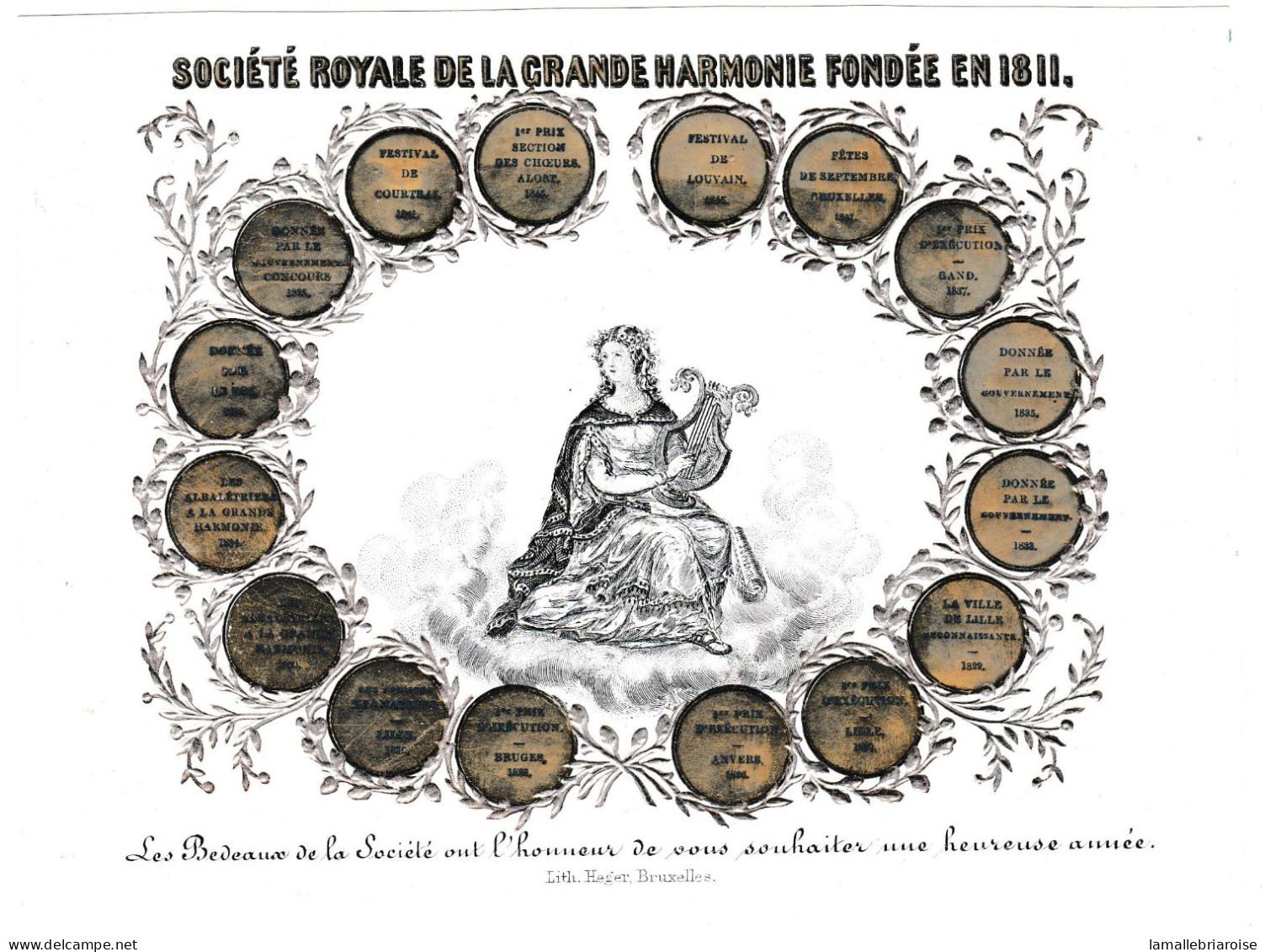 Belgique, "Carte Porcelaine" Porseleinkaart, Societe Royale De La Grande Harmonie 1859, Lith Bruxelles, 180x130mm - Cartes Porcelaine