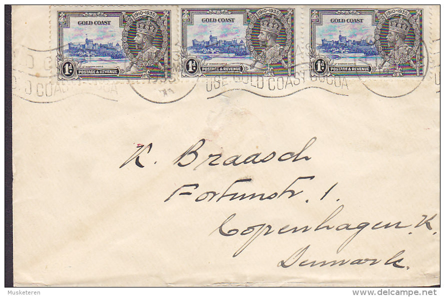 Gold Coast Slogan Flamme ACCRA 1935 Cover Brief Lettre To Denmark 3x 1d. George V. Coronation Jubilee Issue (2 Scans) - Goudkust (...-1957)