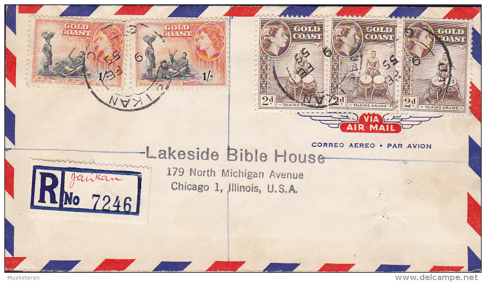 Gold Coast Air Mail Registered Einschreiben Label JASIKAN 1955 Cover Brief LAKESIDE BIBLE HOUSE, CHICAGO USA, 6x QEII. - Costa De Oro (...-1957)