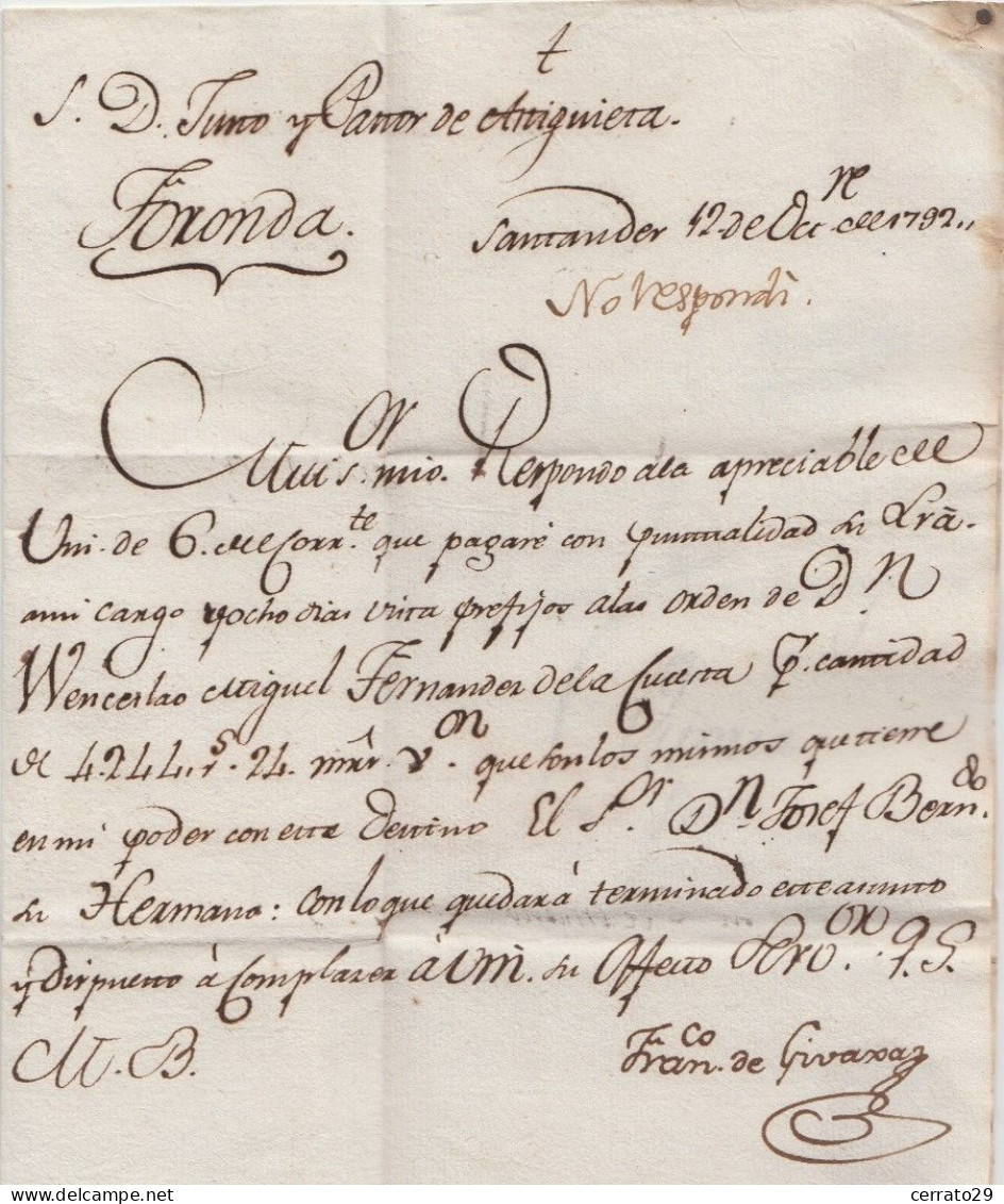 1792 - SANTANDER - CARTA CON DESTINO VITORIA - ...-1850 Voorfilatelie