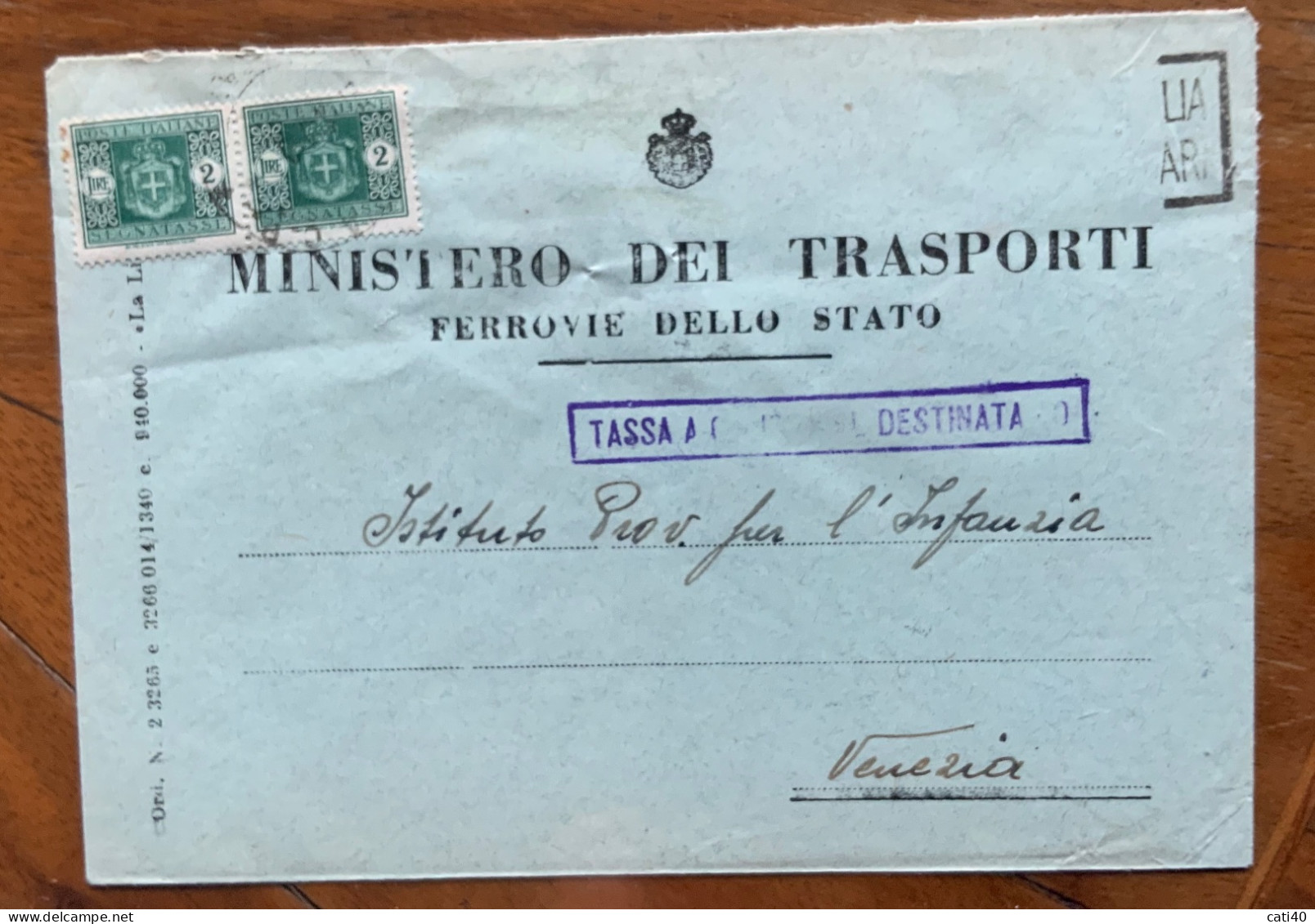 LUOGOTENENZA - TASSA A CARICO DESTINATARIO - L.2 Coppia - Busta MINISTERO  TRASPORTI FF.SS.- VENEZIA PER CITTA' - Marcophilia