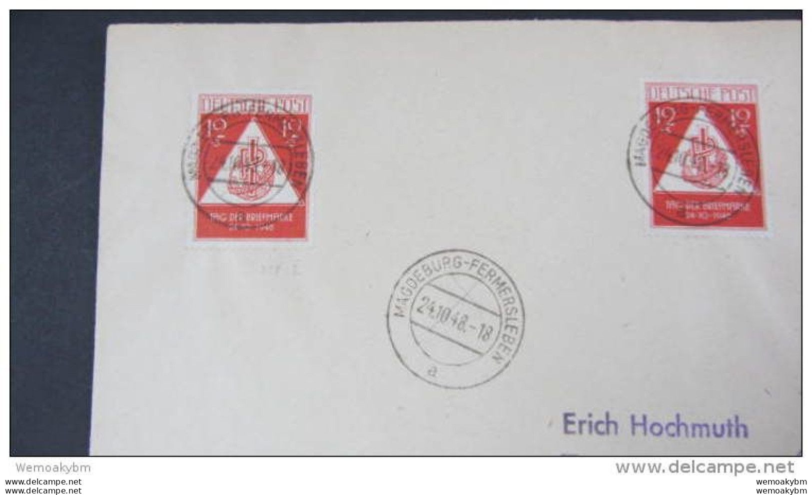 SBZ: Brief Mit 2 Mkn 12+3 Pf Tag Der Briefmarke 24.10.48, Dabei Eine Mke Mit Plattenfehler "kurze F"  Knr: 228 PF I - Lettres & Documents