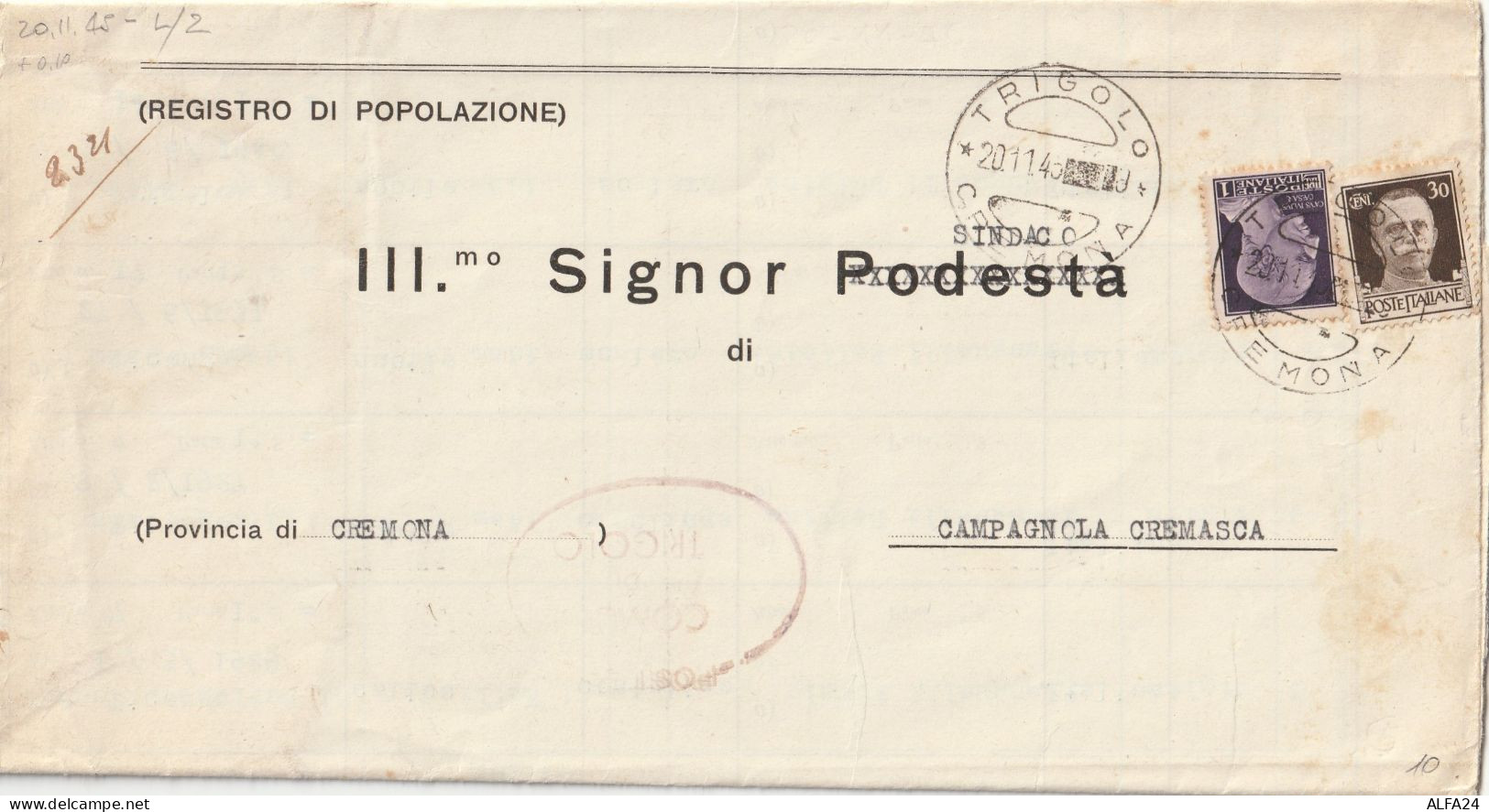 LETTERA 1945 LUOGOTENENZA 1+30 TIMBRO TRIGOLO CREMONO (YK991 - Marcophilie